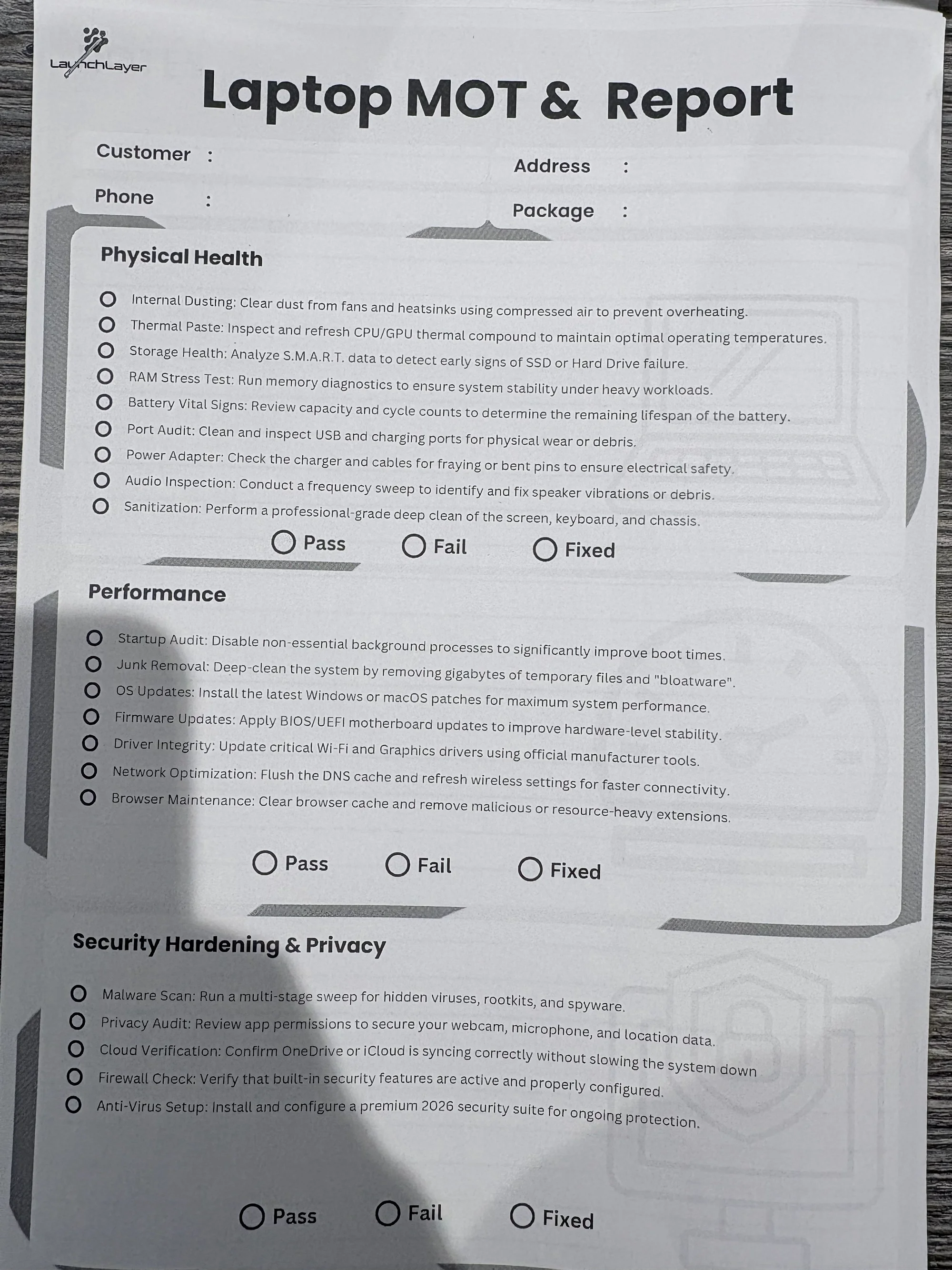 LaunchLayer Laptop MOT checklist — physical health, performance and security