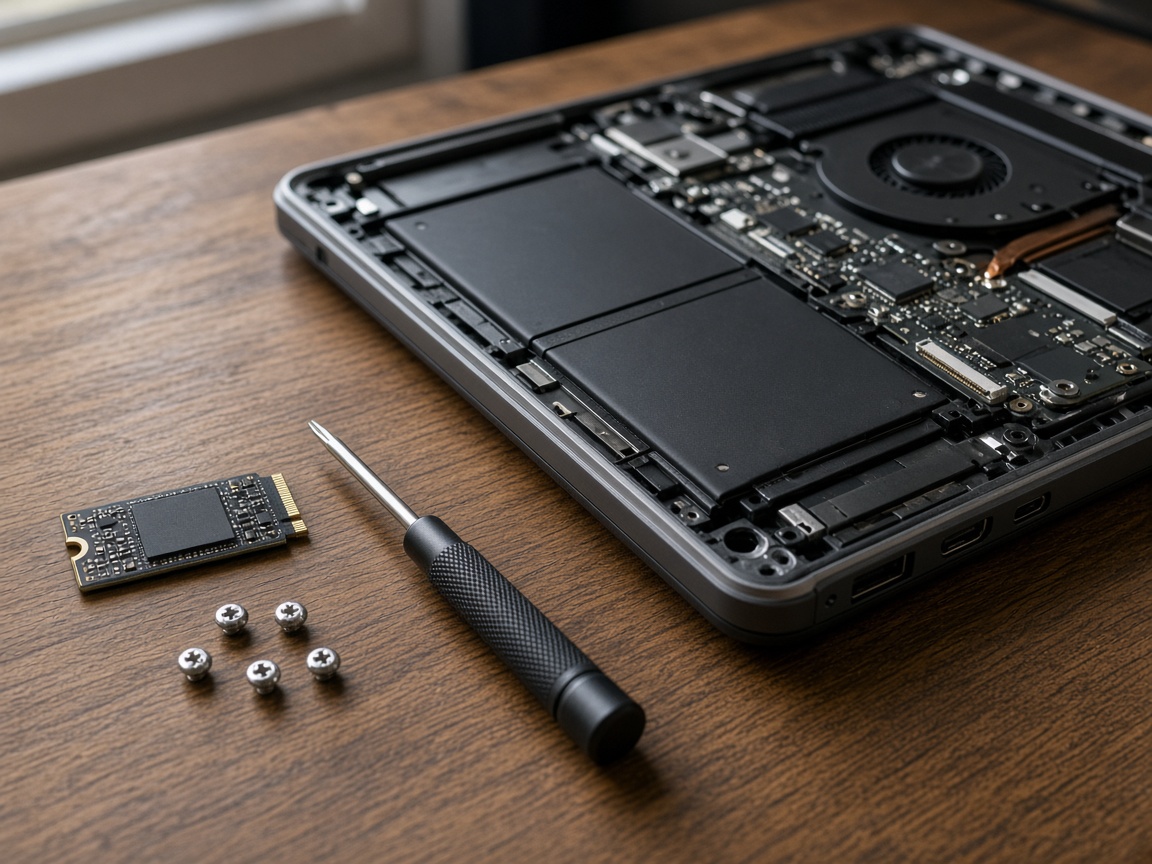 M.2 SSD next to an open laptop on a wooden desk, ready for a speed upgrade