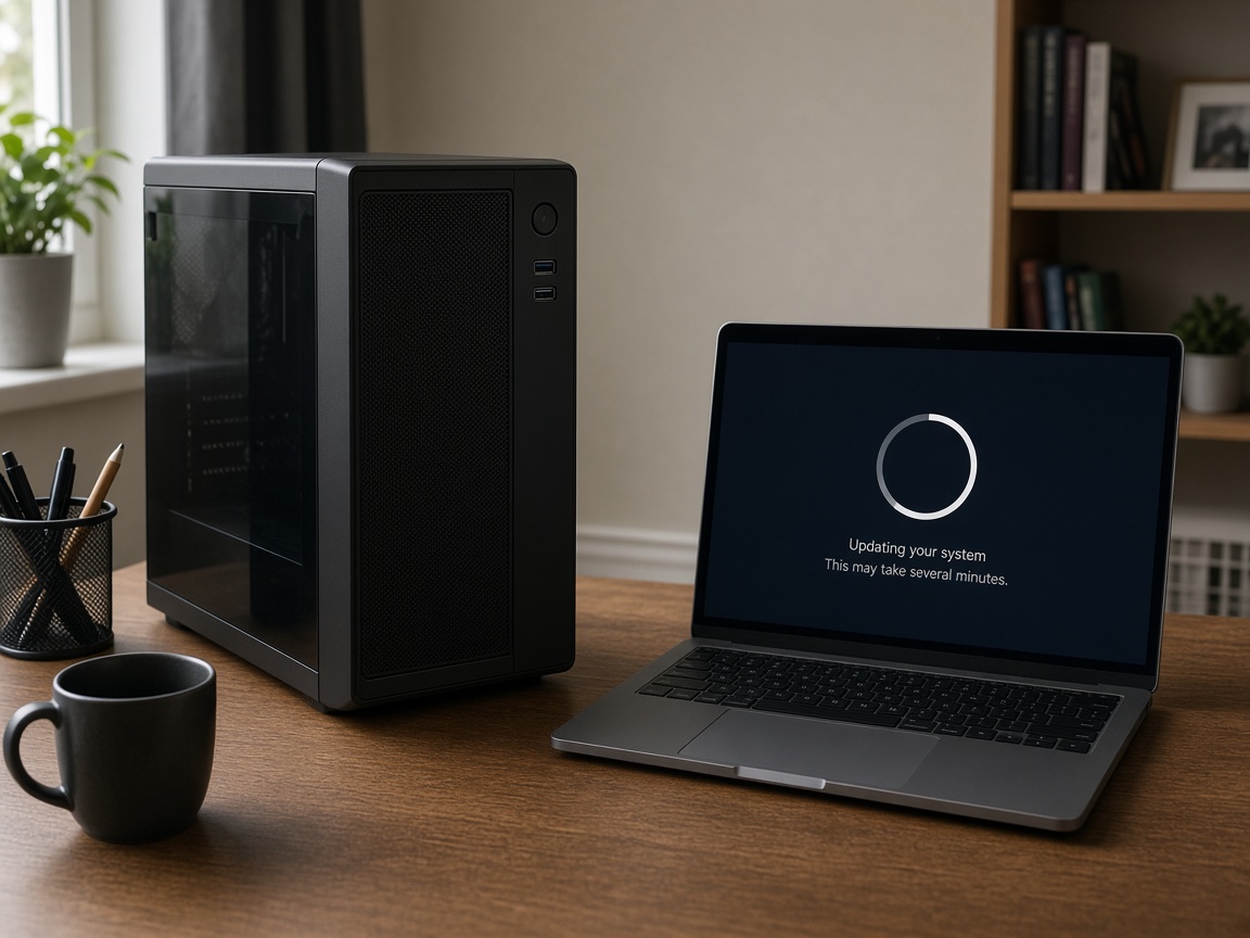Desktop PC and laptop on a home office desk during a software update