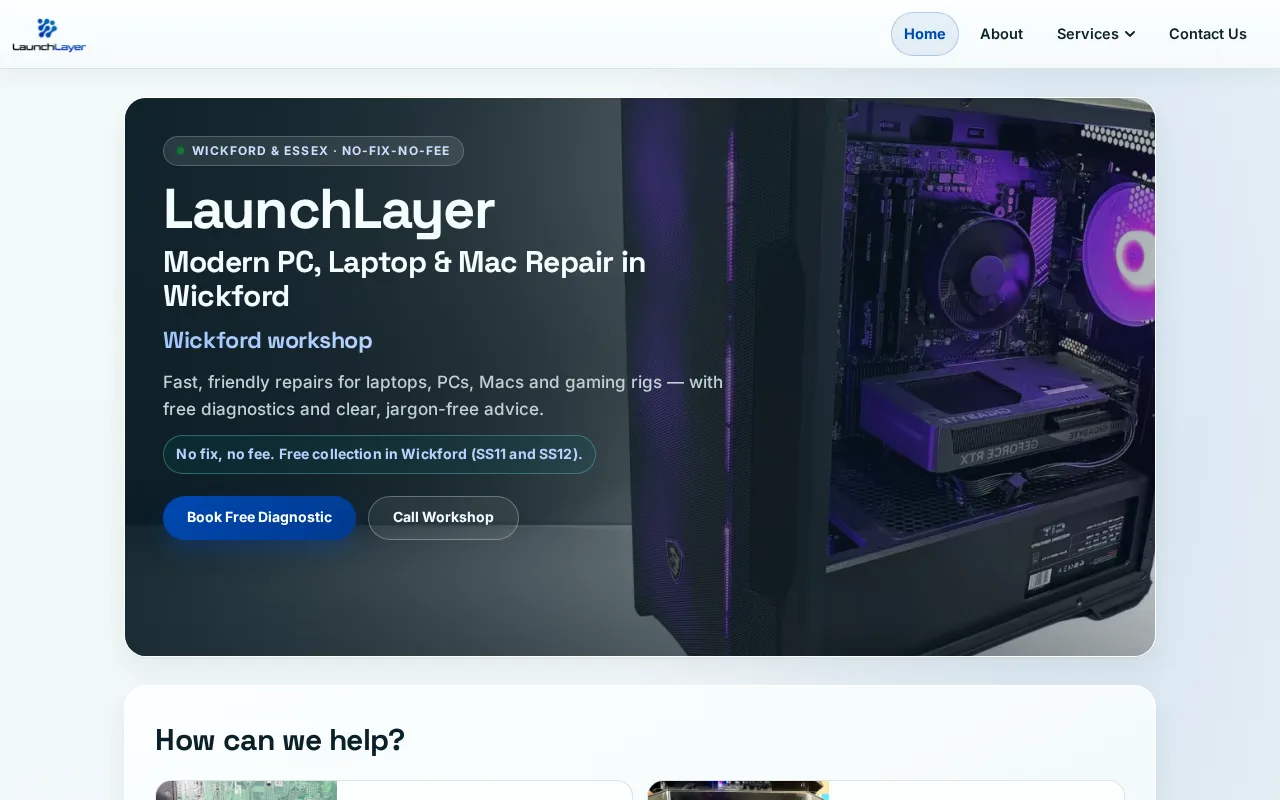 The launchlayer.uk home page on a desktop screen