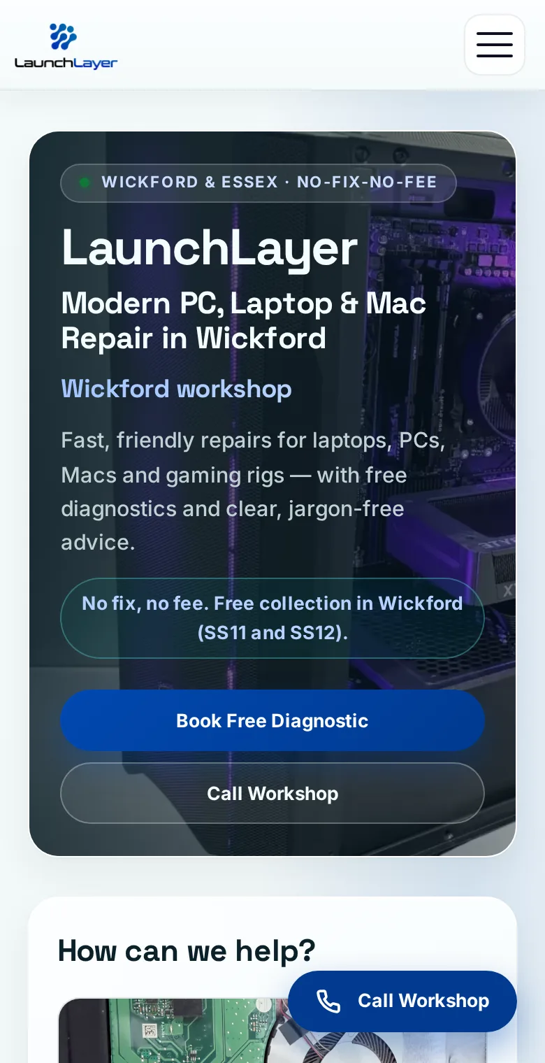 The launchlayer.uk home page on a phone